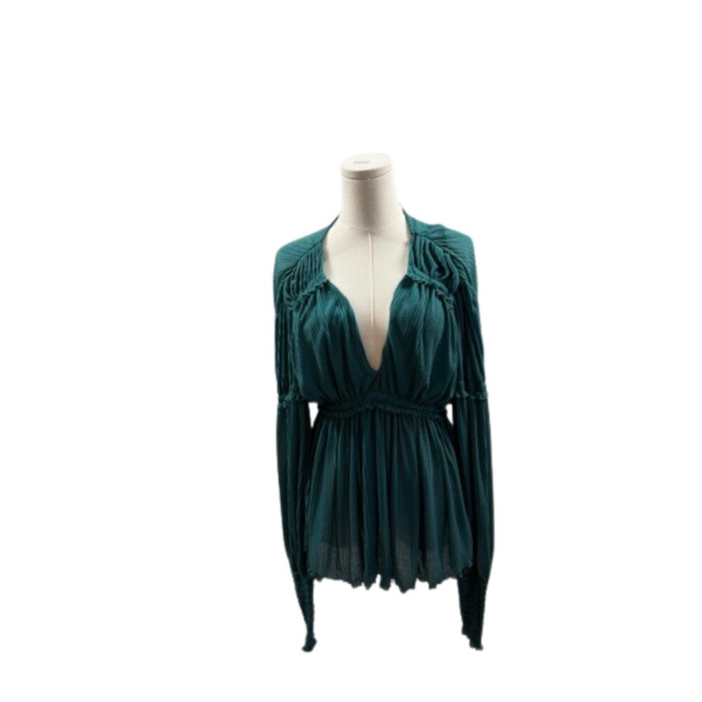 Free People Teal Peplum Blouse Size M Flowy Long Sleeve BOHO - Picture 5 of 10